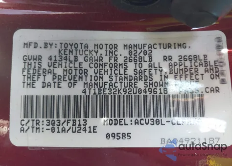 2002 Toyota Camry Le/Xle/Se из США, поврежденный, VIN 4T1BE32K92U049618